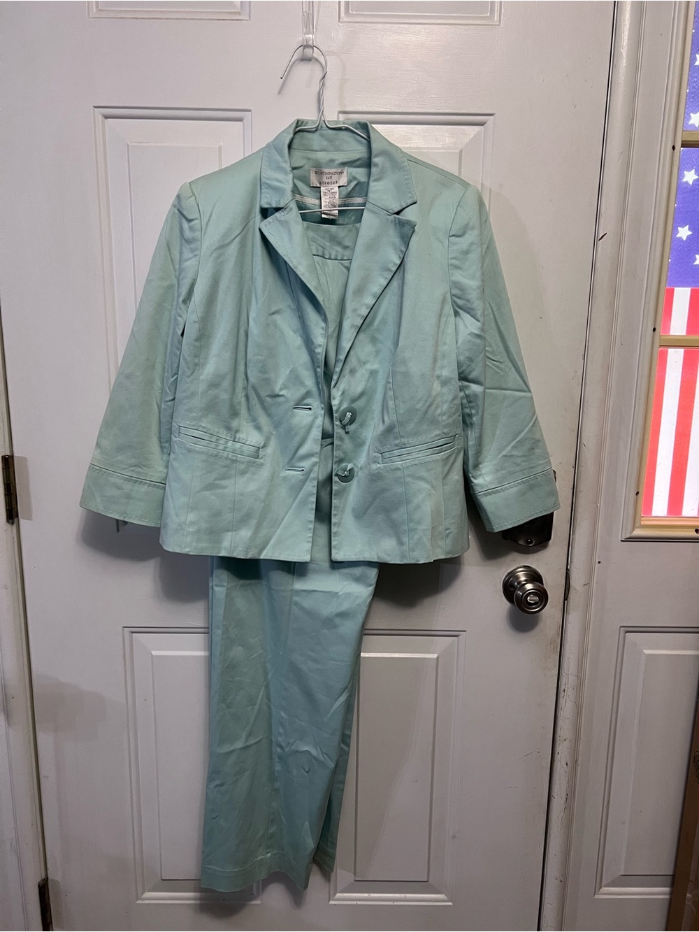 Worthington 16T Aqua Mint 2 Pc Pantsuit Tail Stretch Blazer Lined Cotton Blend
